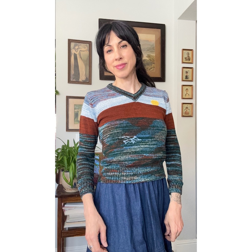 Vintage 70s Space Dyed Mountain Landscape V-Neck Sweater Rust Blue Green Sun - Picture 1 of 6